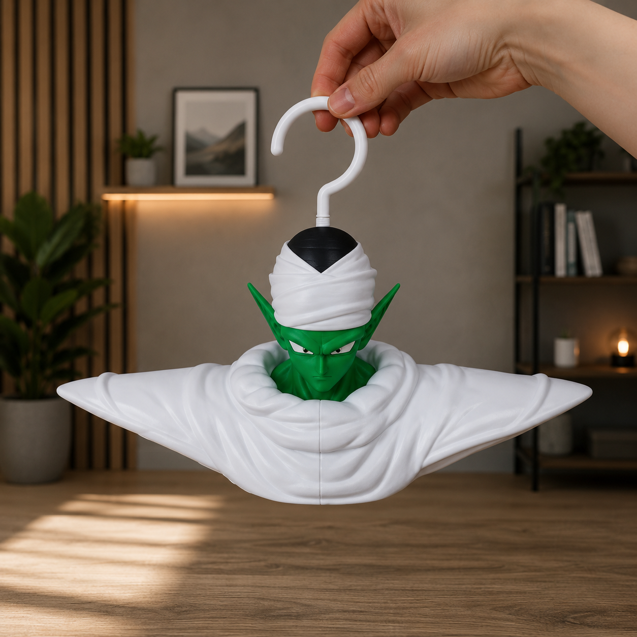 Percha coleccionable Nostalium inspirada en Piccolo para exhibir sudaderas y camisetas de forma original.